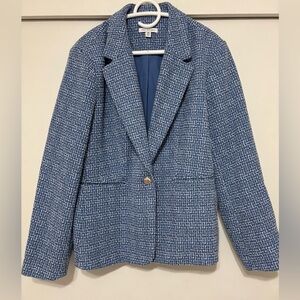 Free Assembly Women's Blue White Tweed Jacket Blazer Gold Buttons